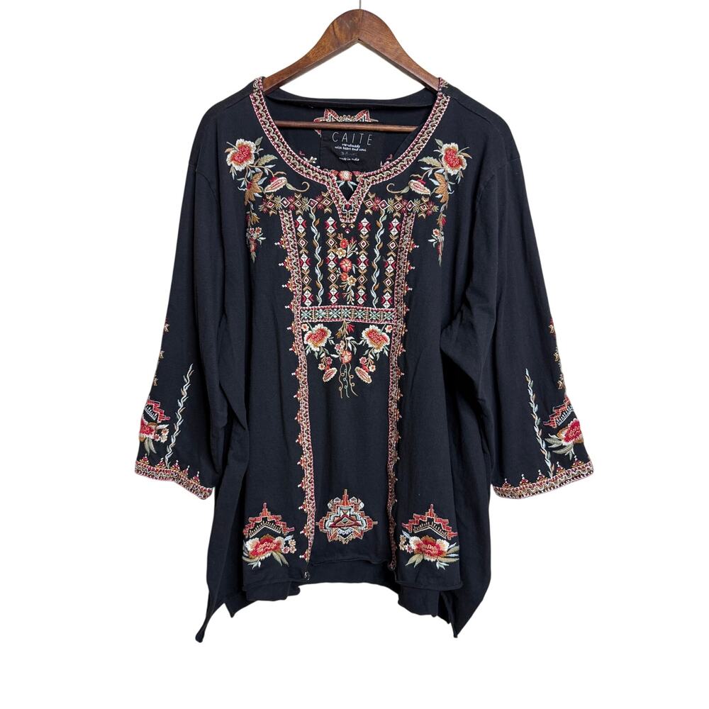 CAITE Black Embroidered Floral Tunic Top 3/4 Sleeve Cotton Notch Neck Boho 3X